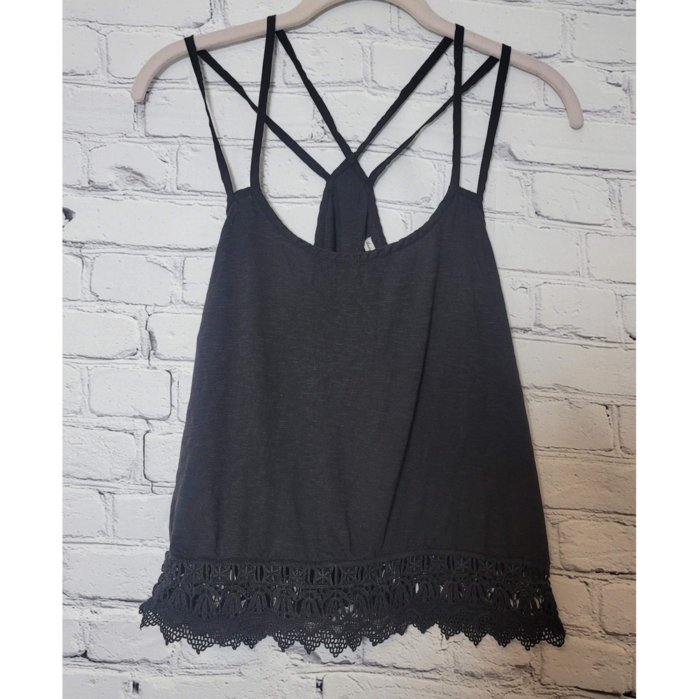American Eagle Black Crochet Lace Hem Strappy Racerback Tank Top Small Boho Y2K